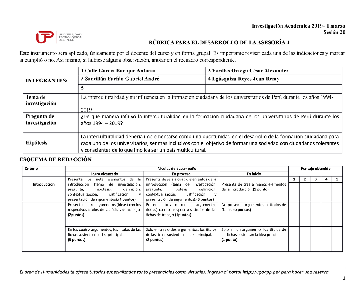 Sesión 20 Rúbrica Asesoría 4 - Investigación Académica 2019– I Marzo ...