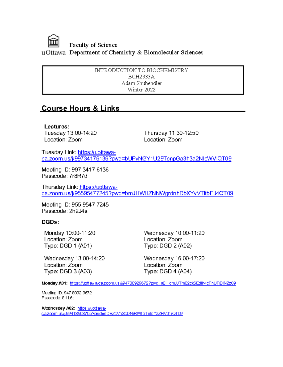 BCH2333 A Syllabus 2022 update Jan 10 - Faculty of Science Department ...