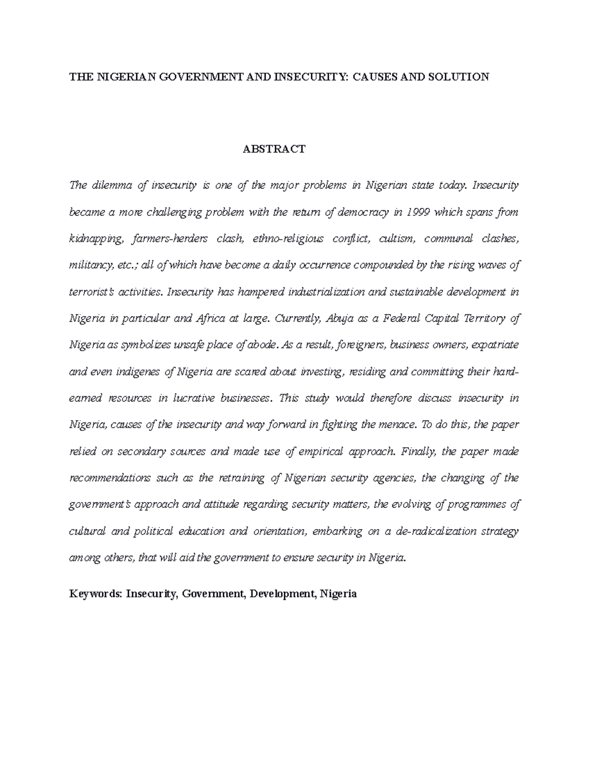 Co Researcher - THE NIGERIAN GOVERNMENT AND INSECURITY: CAUSES AND ...