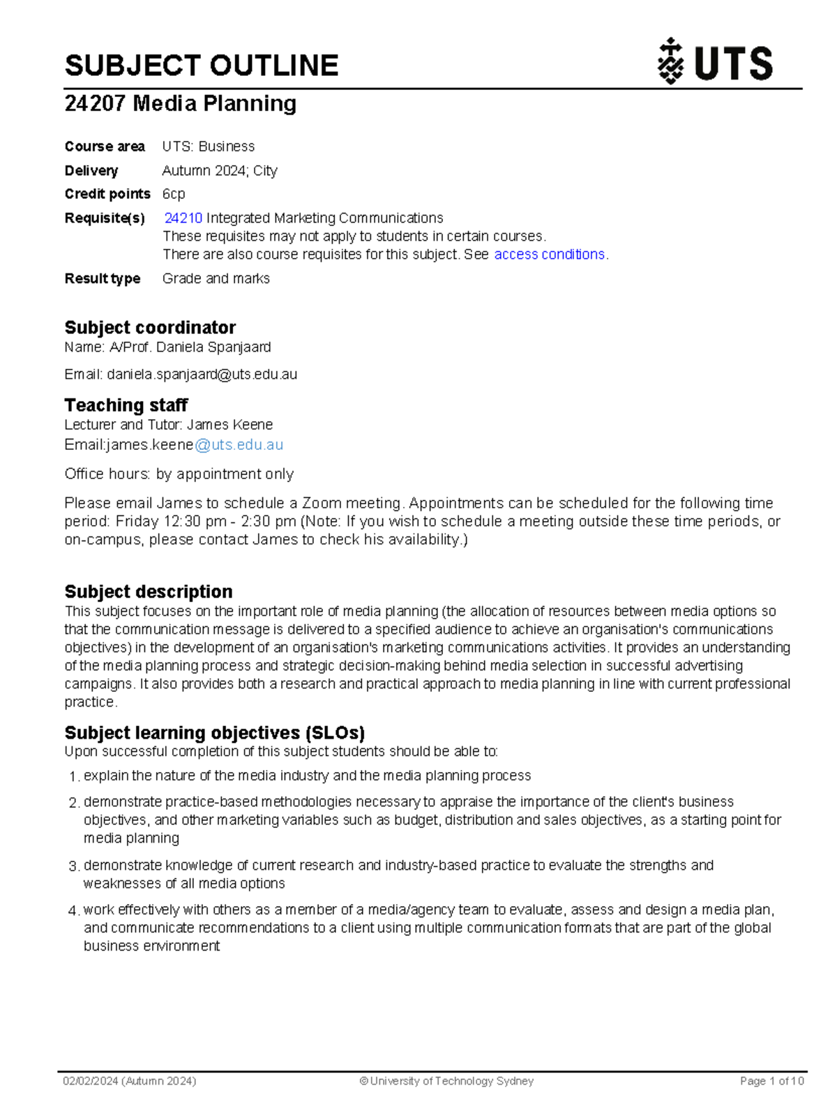 Media Planning Outline - SUBJECT OUTLINE 24207 Media Planning Subject ...