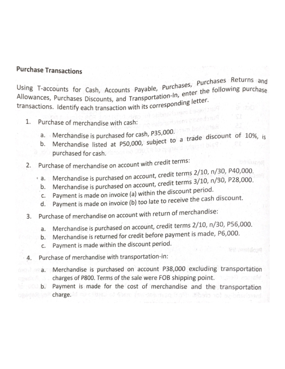 Allowances Purchases Discounts and Transportation In enter the