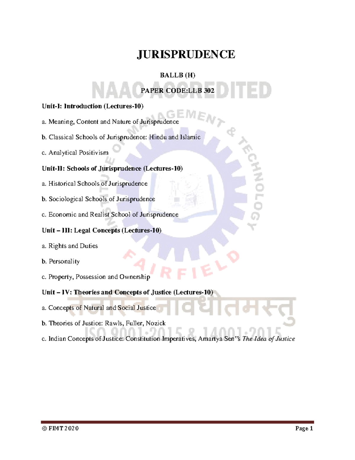 Ballb 302 - Ghfh - JURISPRUDENCE BALLB (H) PAPER CODE:LLB 302 Unit-I ...