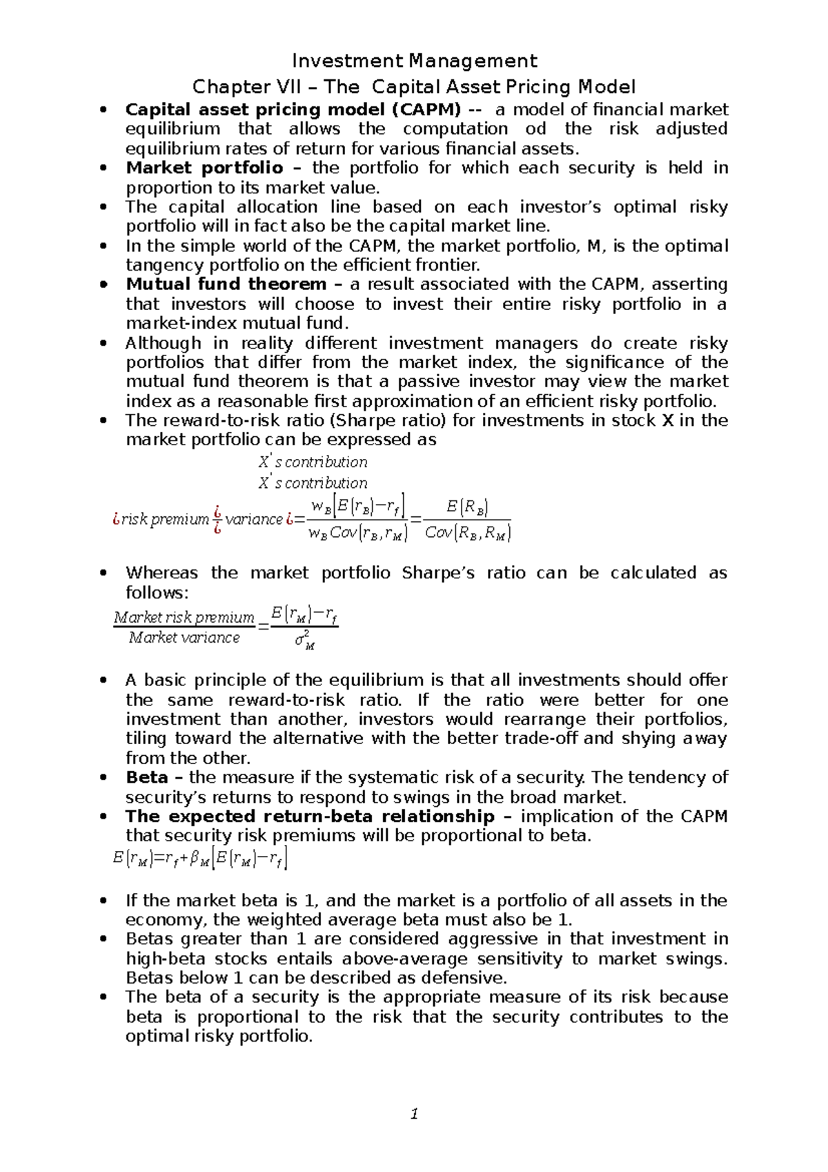 Lecture notes, The Capital Asset Pricing Model - Investment Management ...