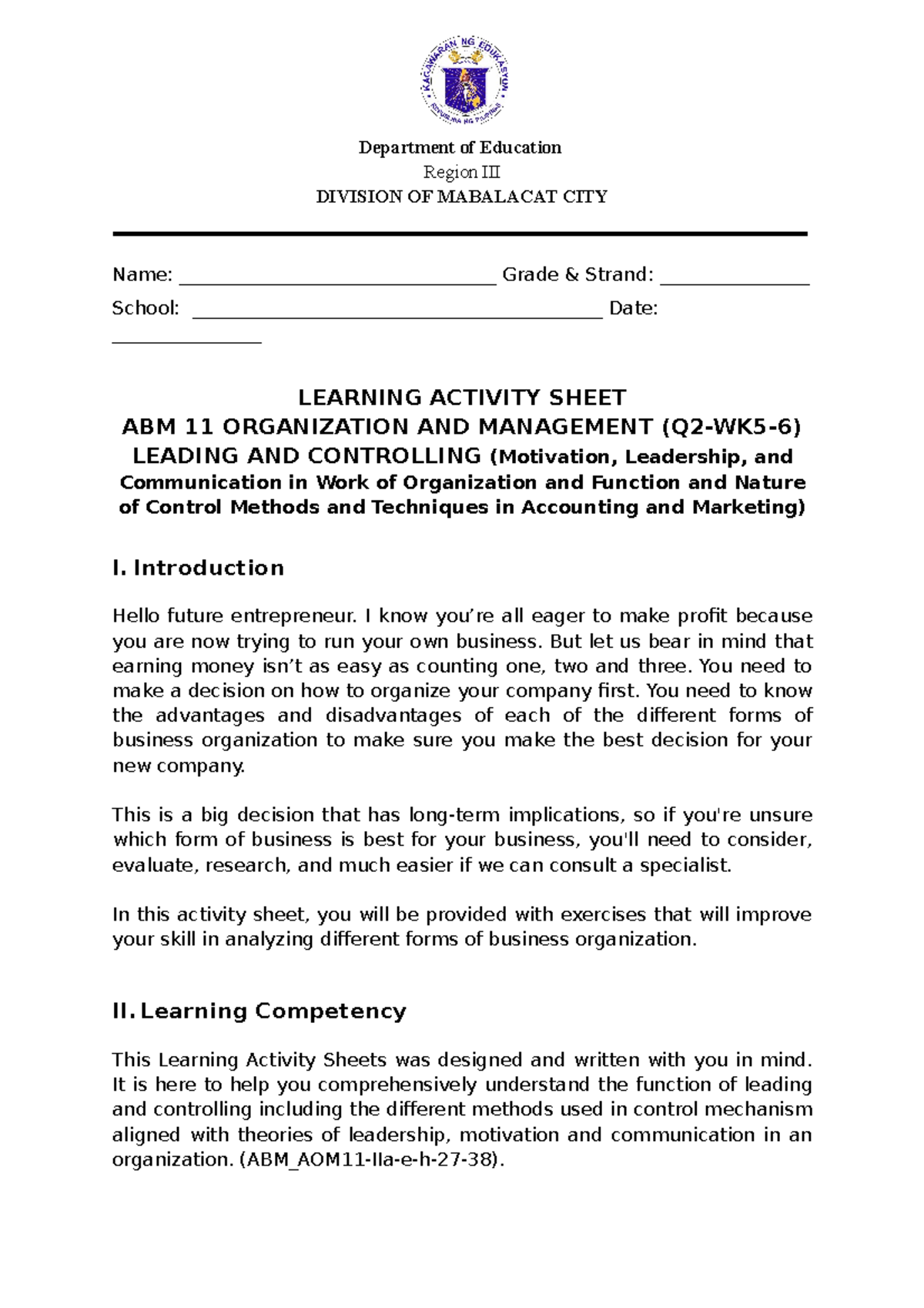 organization and managemnet modules for abm students - Department of ...