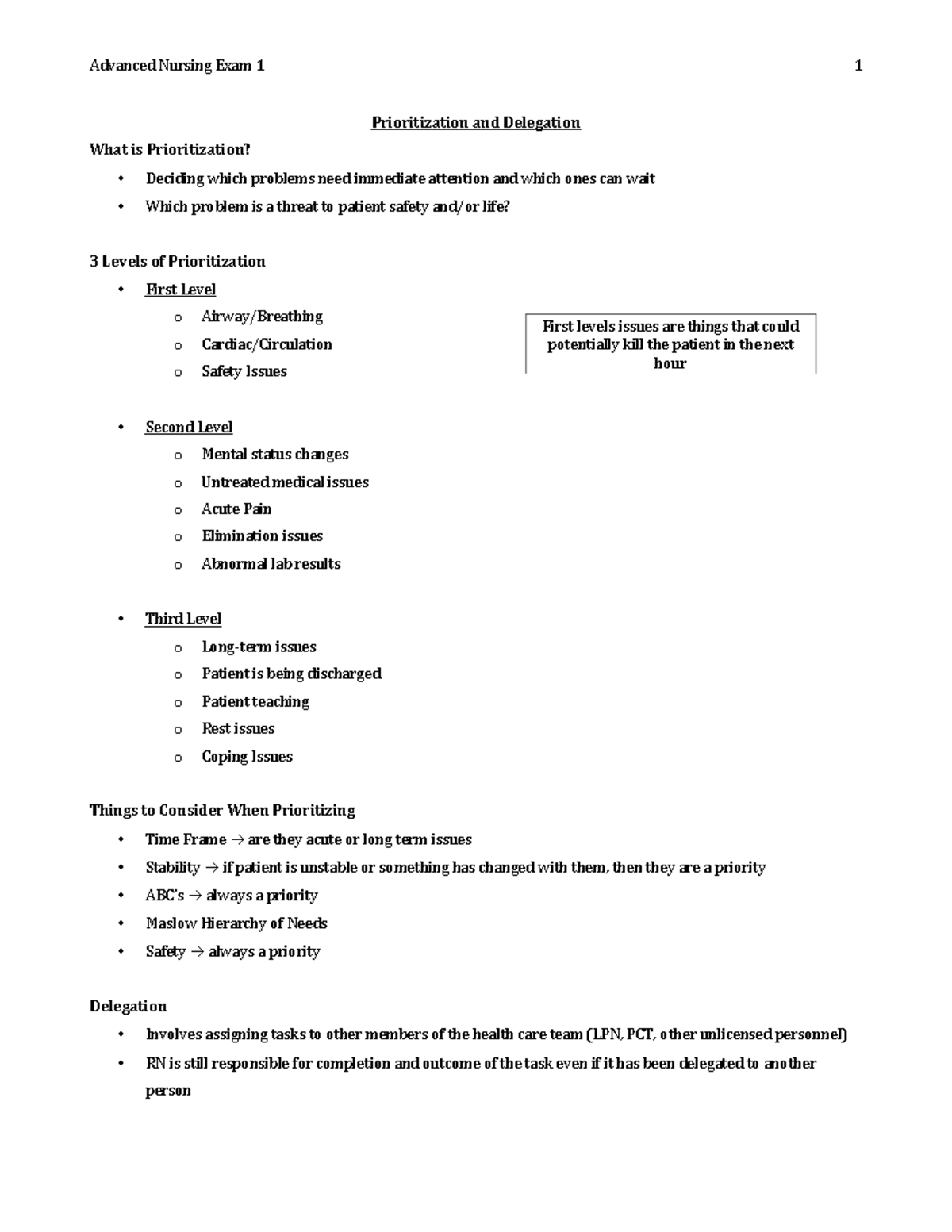 Exam 1 Notes (1) - Prioritization and Delegation What is Prioritization ...