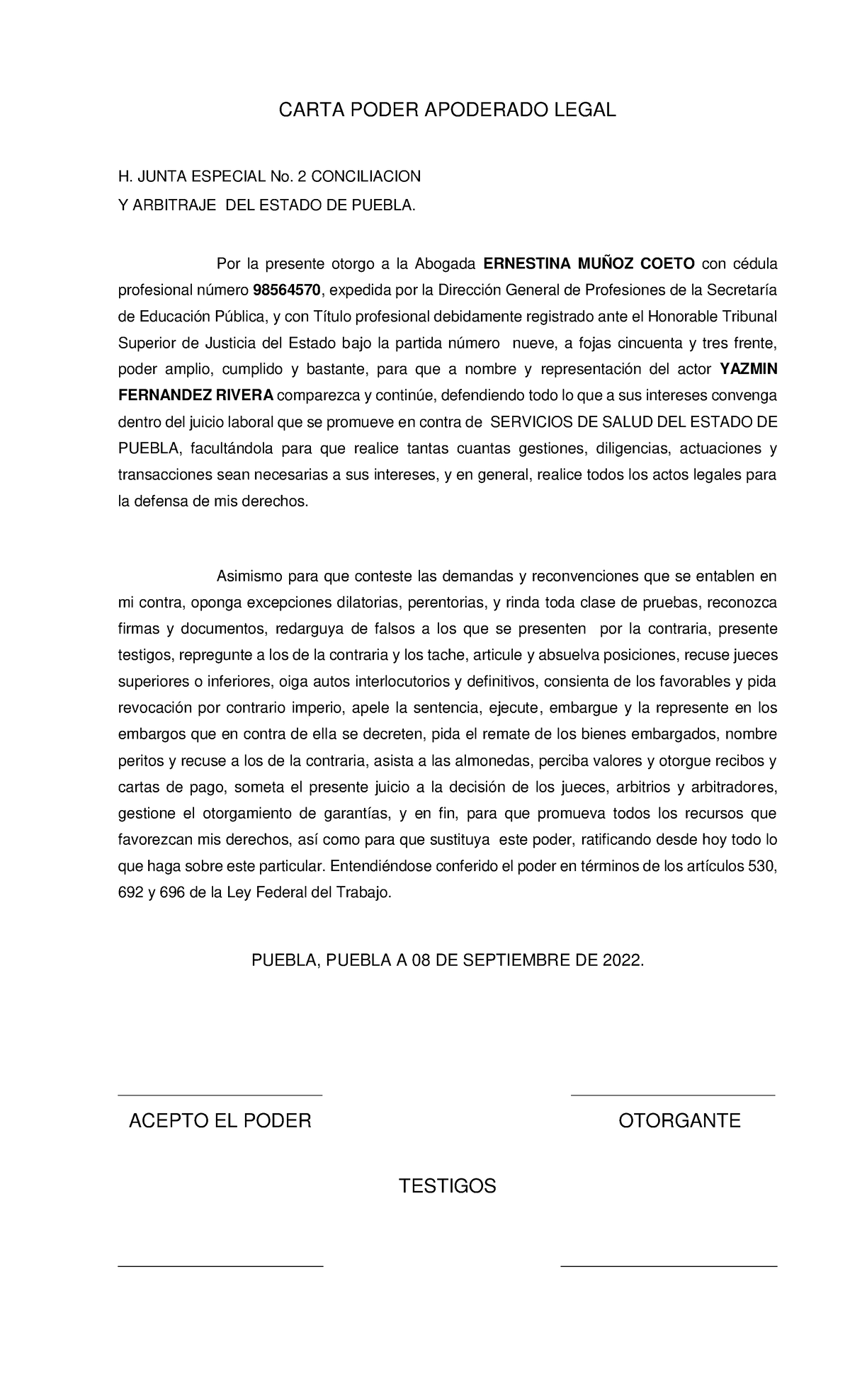 Carta Poder Apoderado Legal - CARTA PODER APODERADO LEGAL H. JUNTA ...