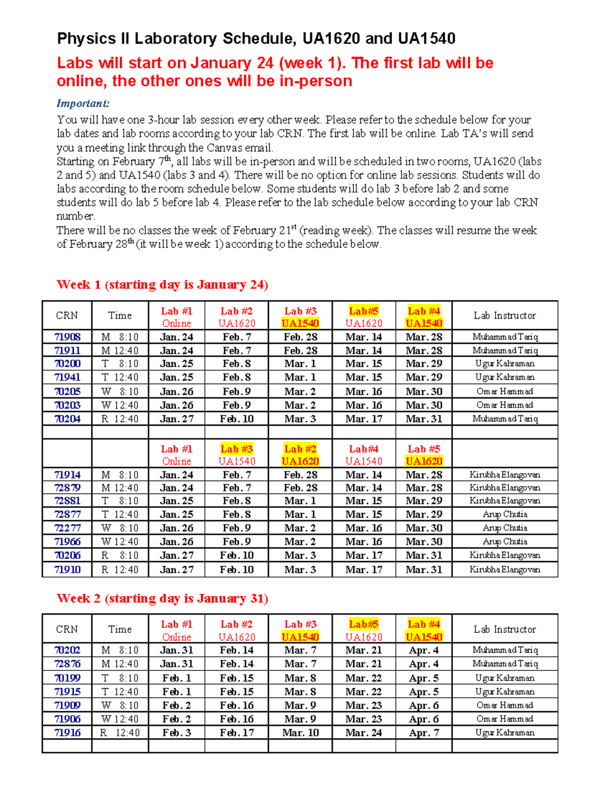 Lab Schedule Phy II Physics II Laboratory Schedule, UA1620 and UA