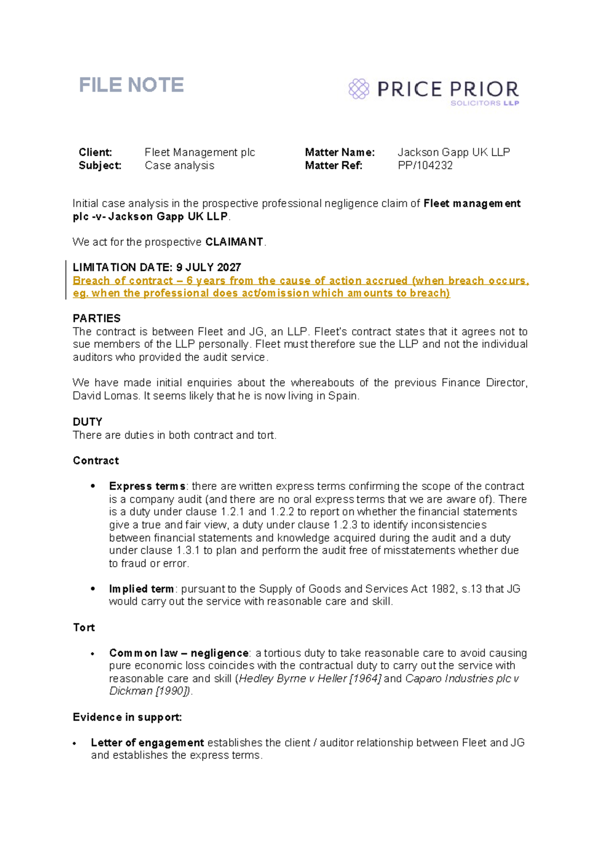 Workshop 1 DR PLS - FILE NOTE Client: Fleet Management plc Matter Name ...