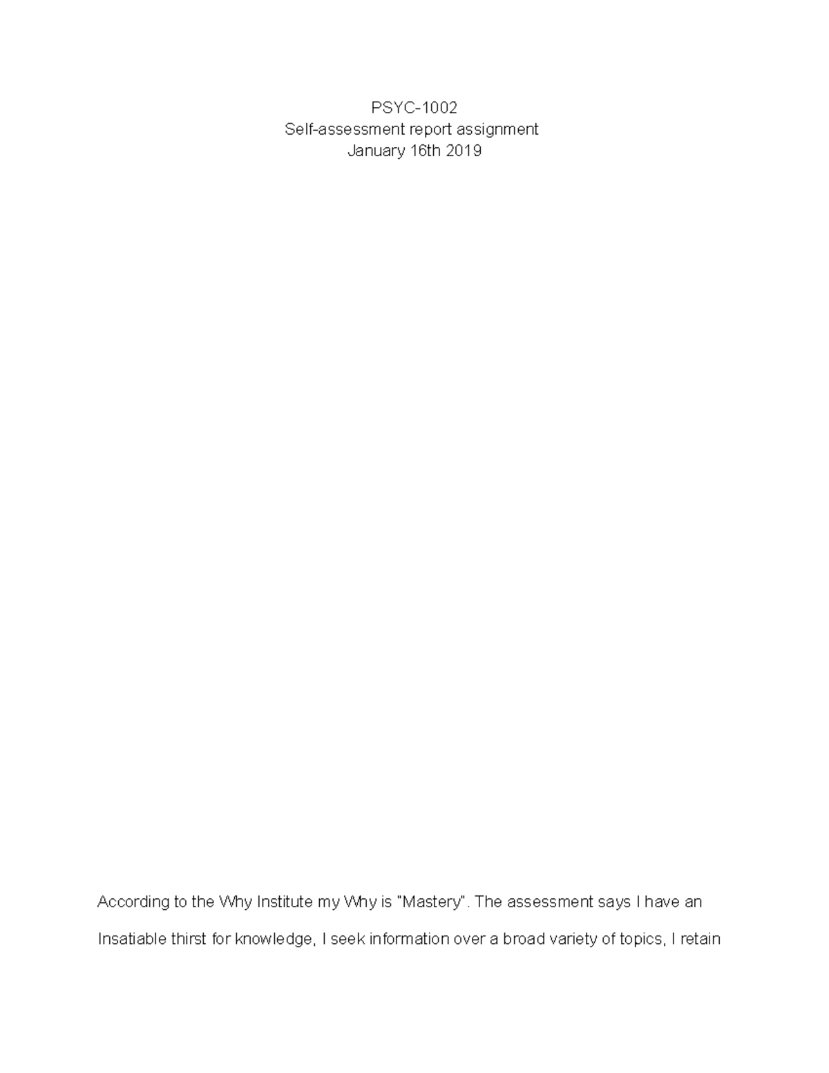 My Why assignment - PSYC- Self-assessment report assignment January ...