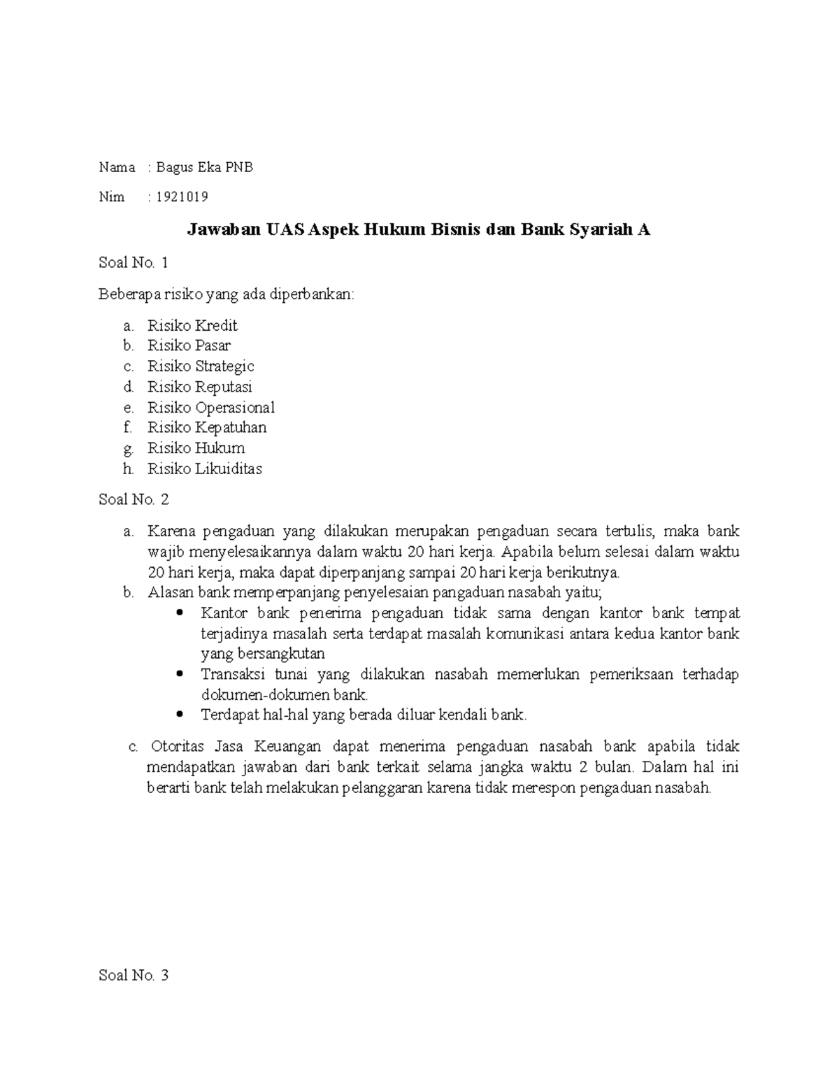 Hukum Bisnis - 1 Beberapa Risiko Yang Ada Diperbankan: A. Risiko Kredit ...