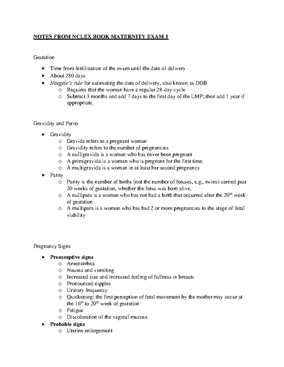 Nclex Maternity Exam 1 Notes NOTES FROM NCLEX BOOK MATERNITY EXAM 1