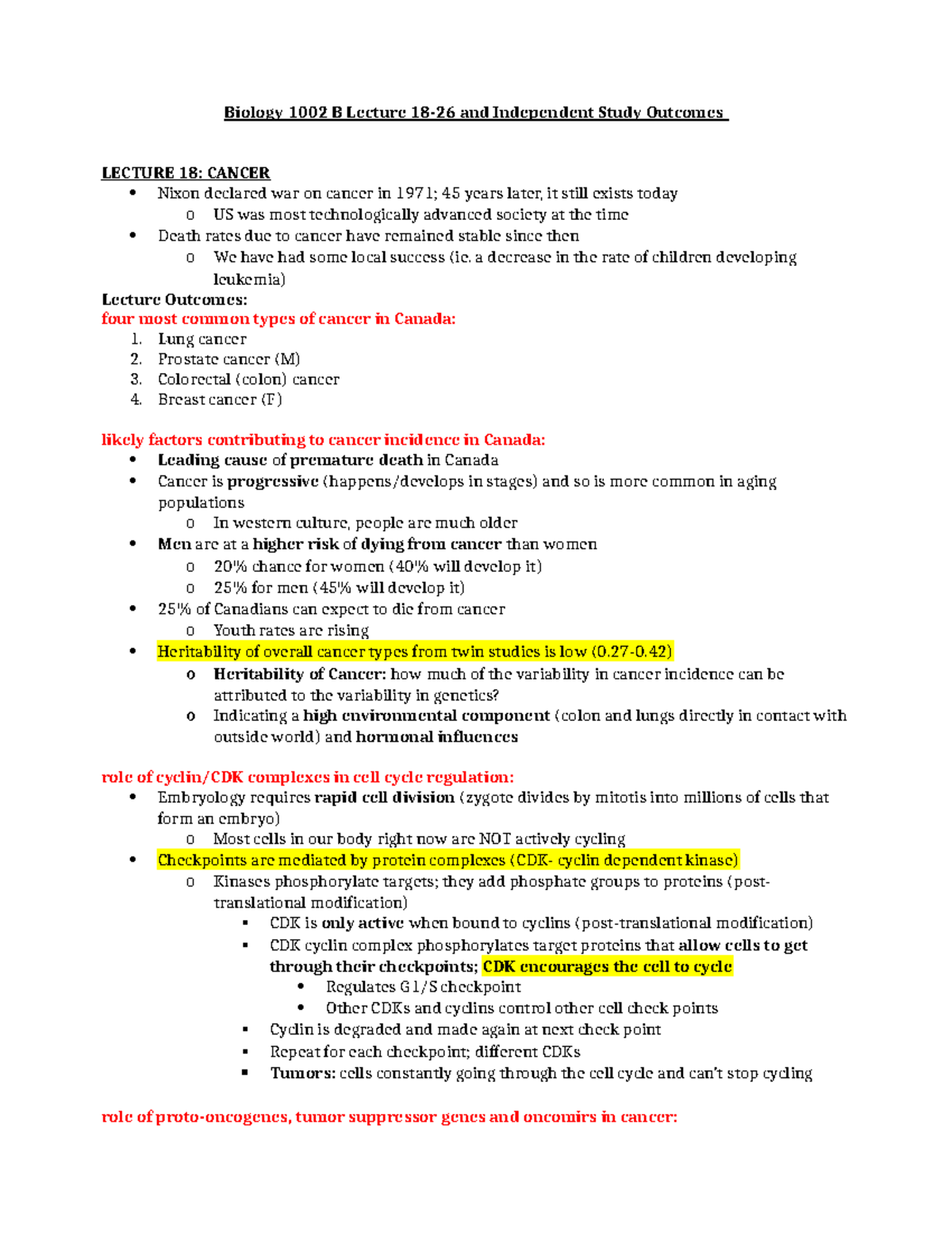 Biology 1002 B Lecture 18-26 And Independent Study Outcomes - A ...