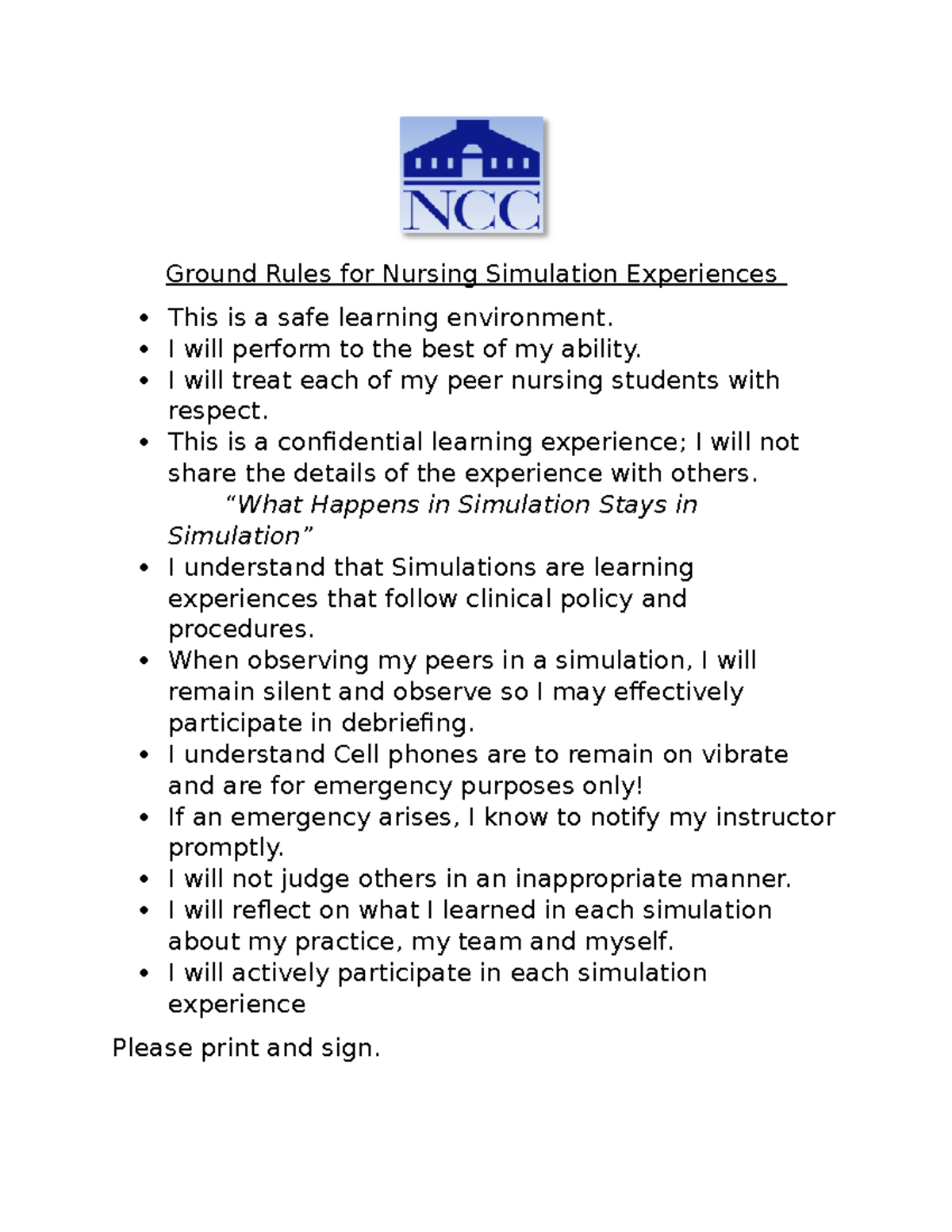 Ground Rules for Nursing Simulation Experiences 2019 - I will perform ...