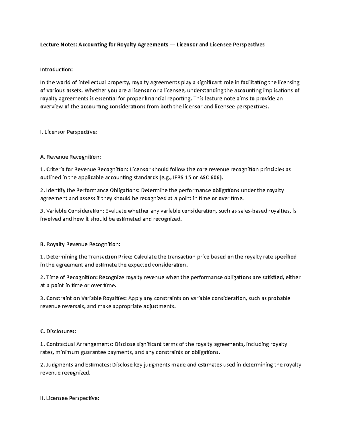 Lecture Notes: Accounting for Royalty Agreements — Licensor and ...
