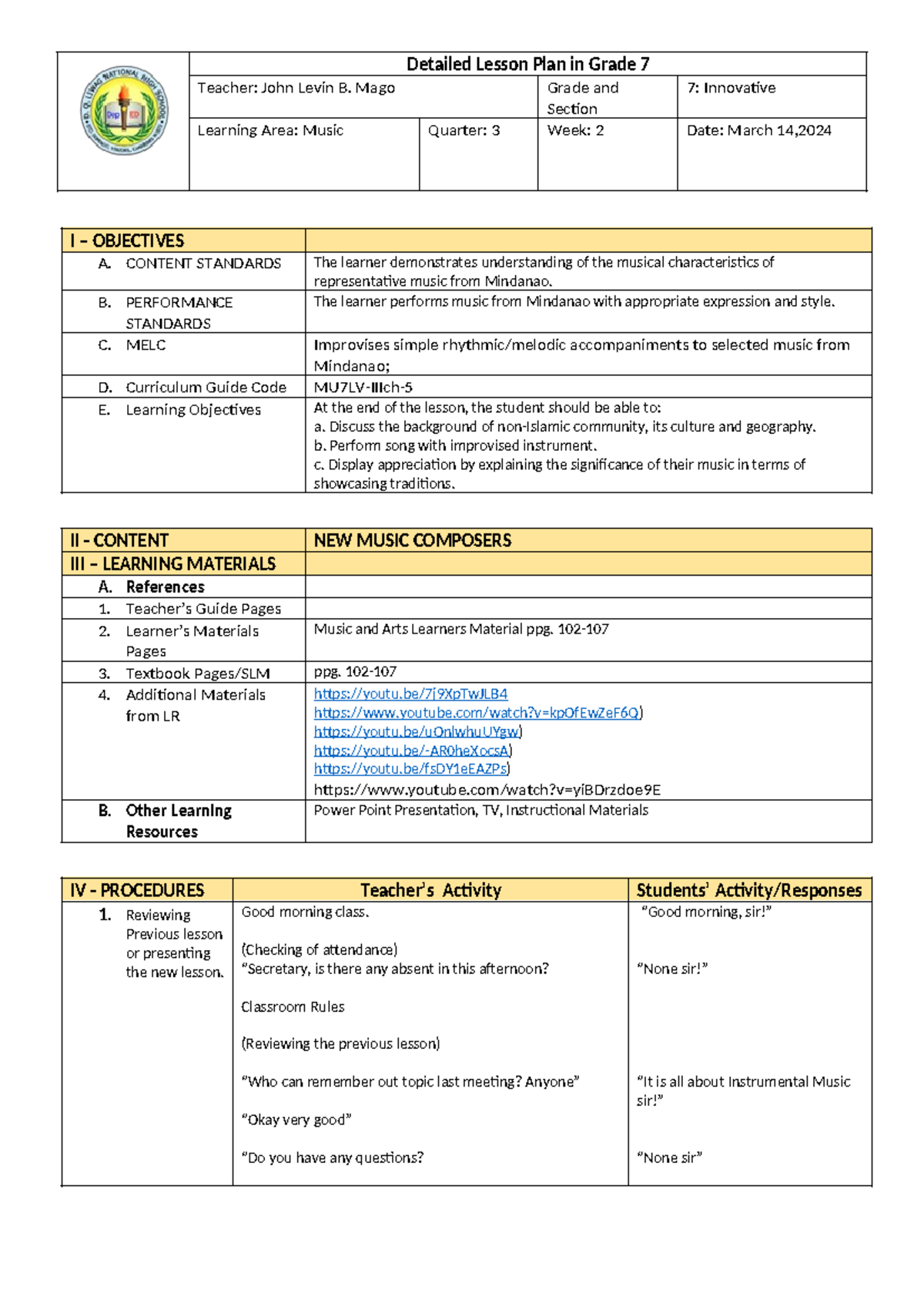 DLP (Non-Islamic) - I – OBJECTIVES A. CONTENT STANDARDS The learner ...
