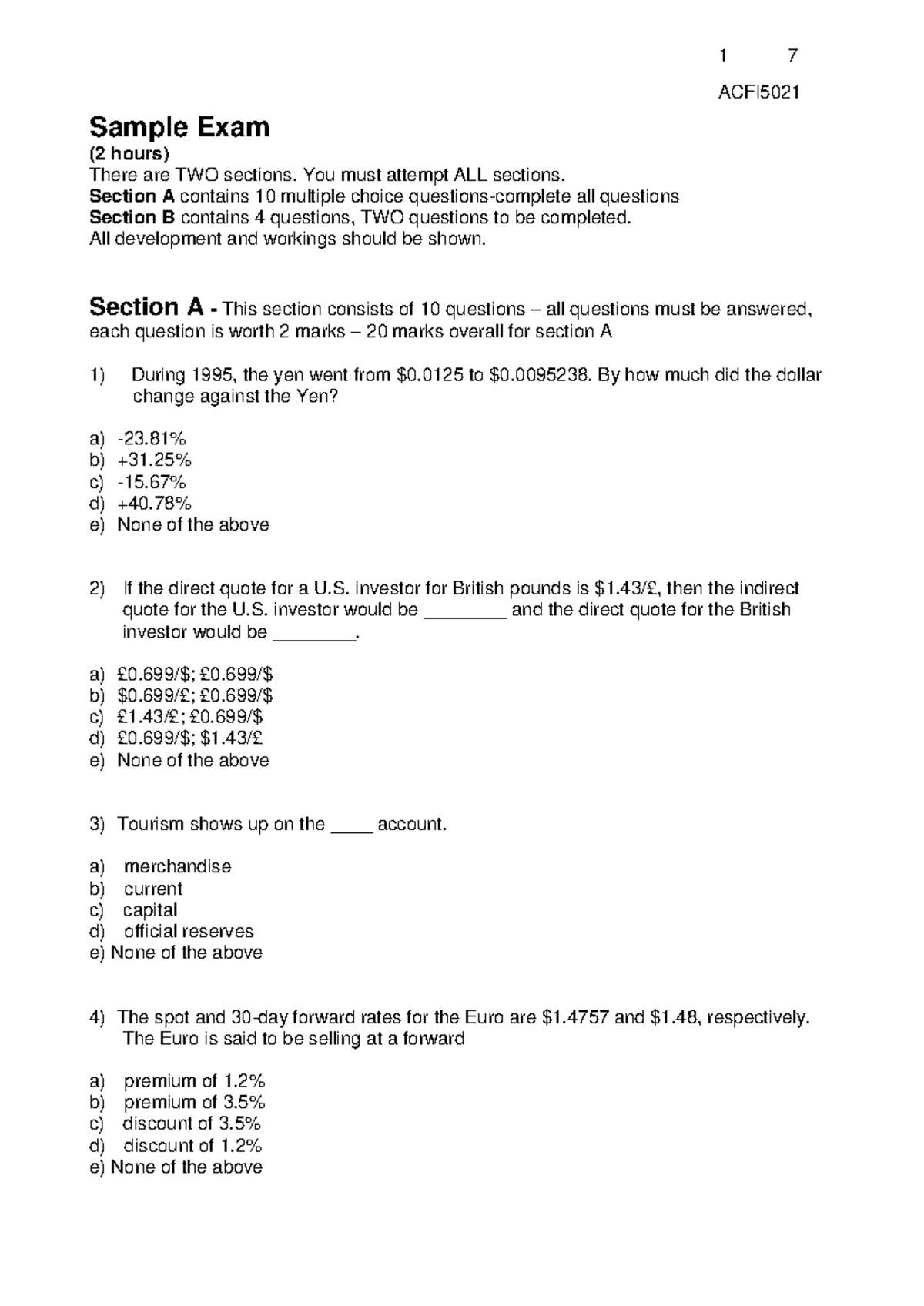 International Finance Sample Exam - 1 7 ACFI5021 Sample Exam (2 hours ...