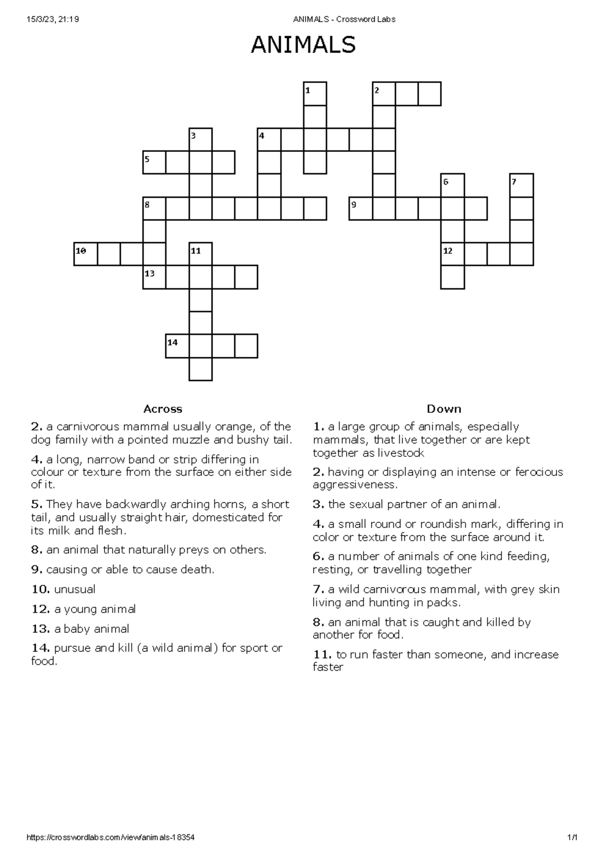 Animals - 15/3/23, 21:19 ANIMALS - Crossword Labs crosswordlabs/view ...