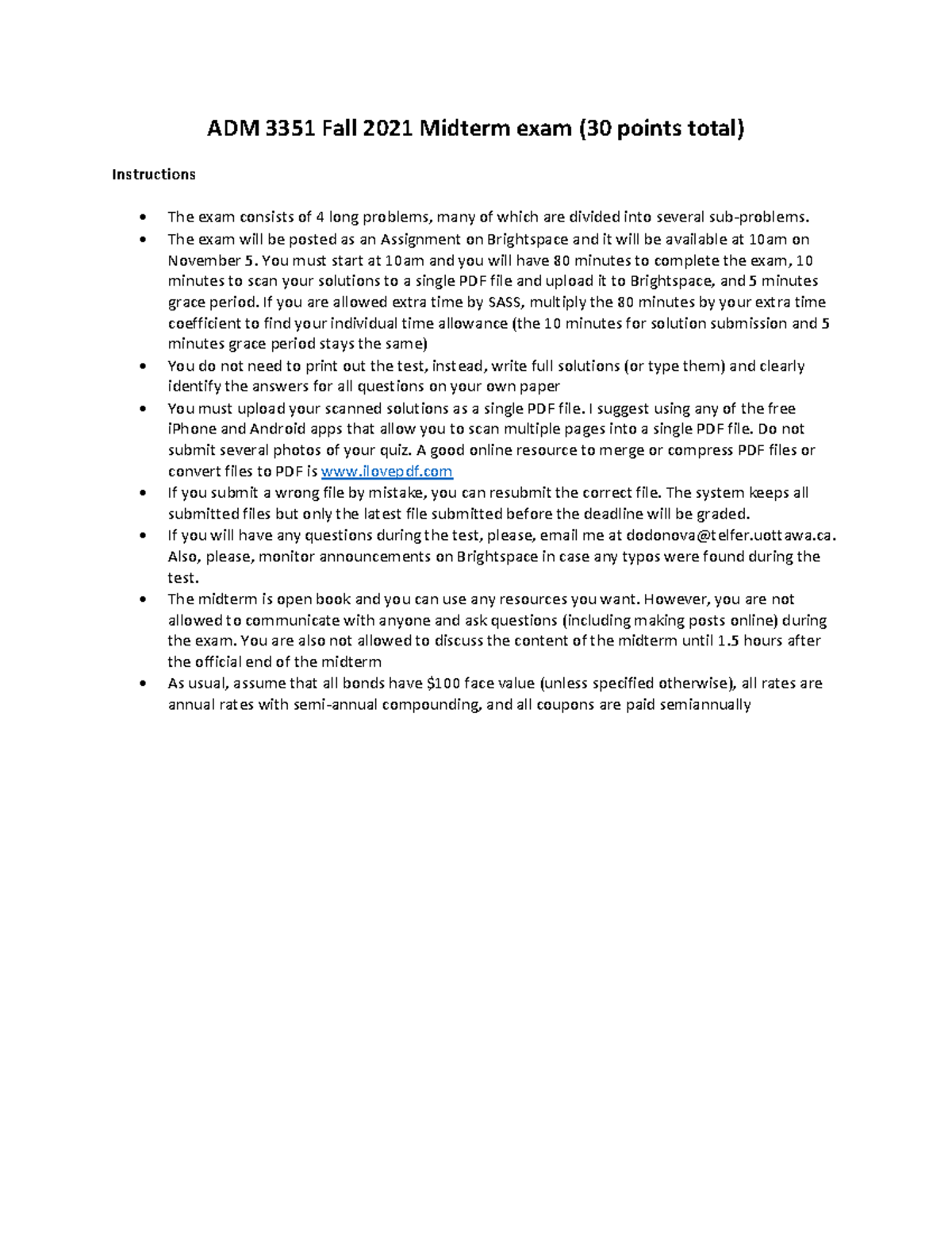 ADM 3351 Fall 2021 Midterm exam - ADM 3351 Fall 2021 Midterm exam (30 ...