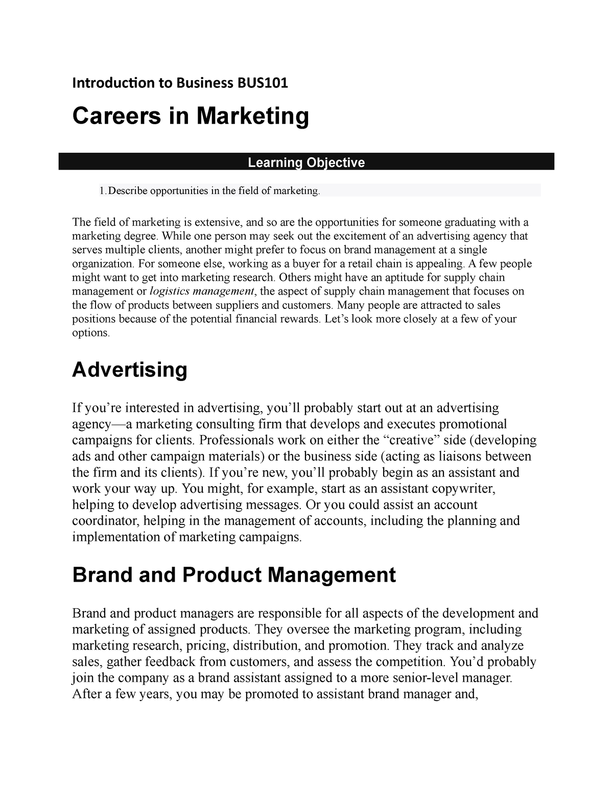 Introduction to Business BUS101 Careers in Marketing - Introduction to ...