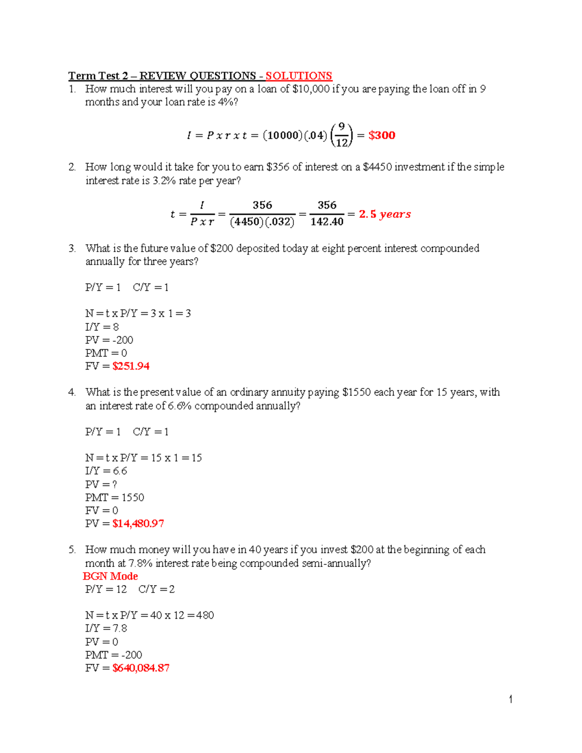 Fince 1125 Term Exam - Problems, questions and solutions for Applying ...