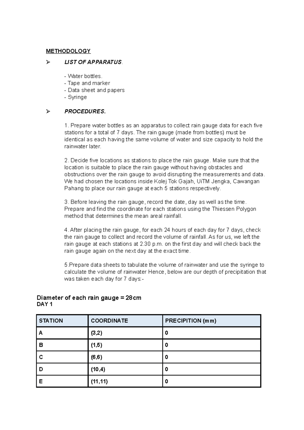 Procedure ASSG ECW341 - METHODOLOGY LIST OF APPARATUS. Water Bottles ...