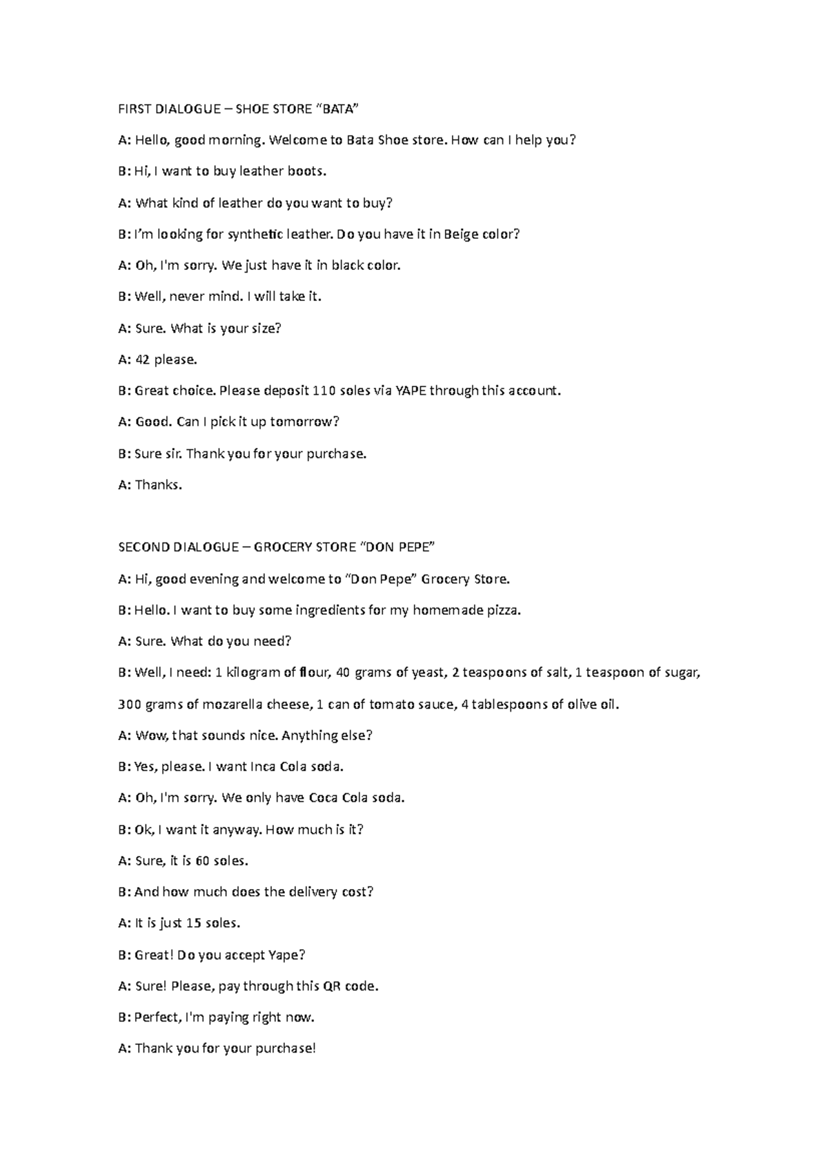 First Dialogue - KLNÑÑÑÑÑJÑ - FIRST DIALOGUE – SHOE STORE “BATA” A ...