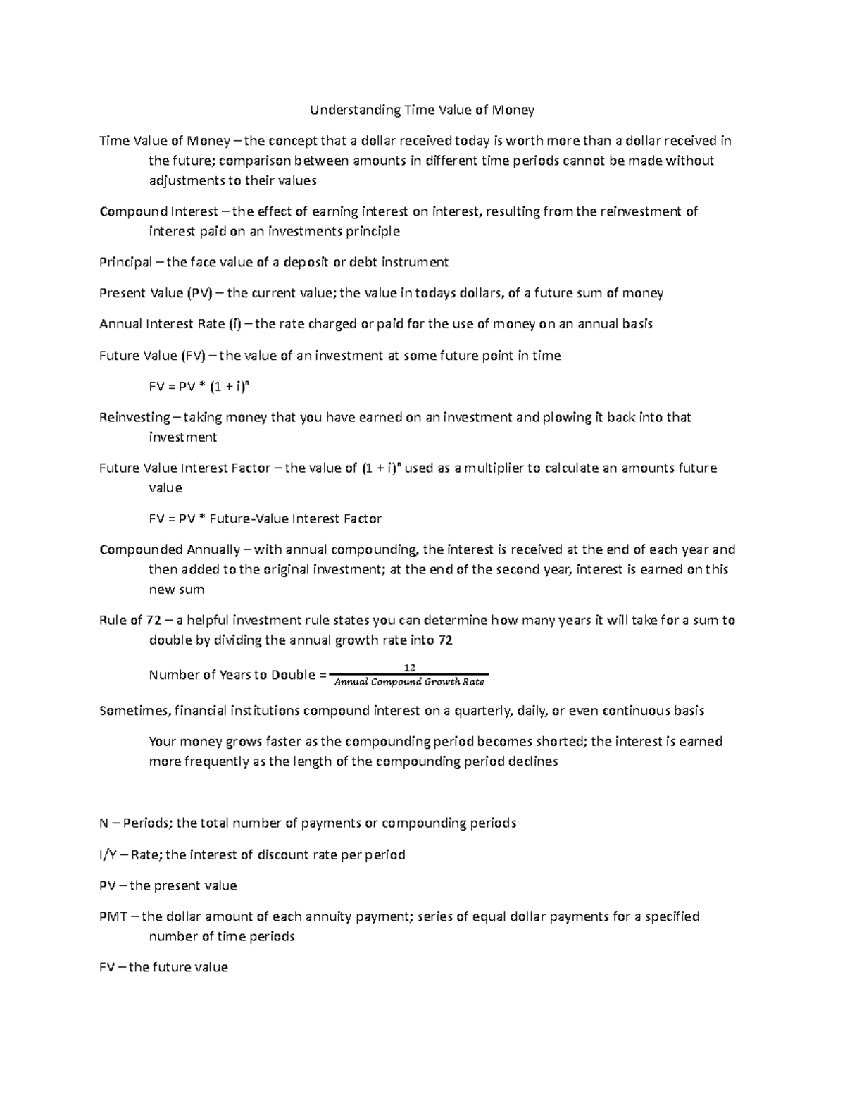 Chapter 3 Notes - Understanding Time Value of Money Time Value of Money ...