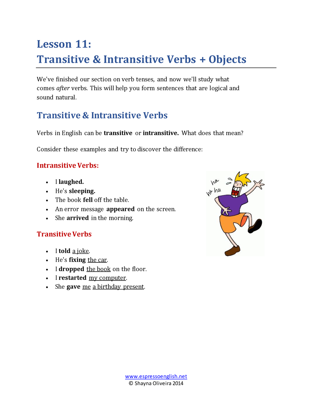 Lesson 11 Transitive Intransitive Verbs Objects Espressoenglish Lesson 11 Transitive