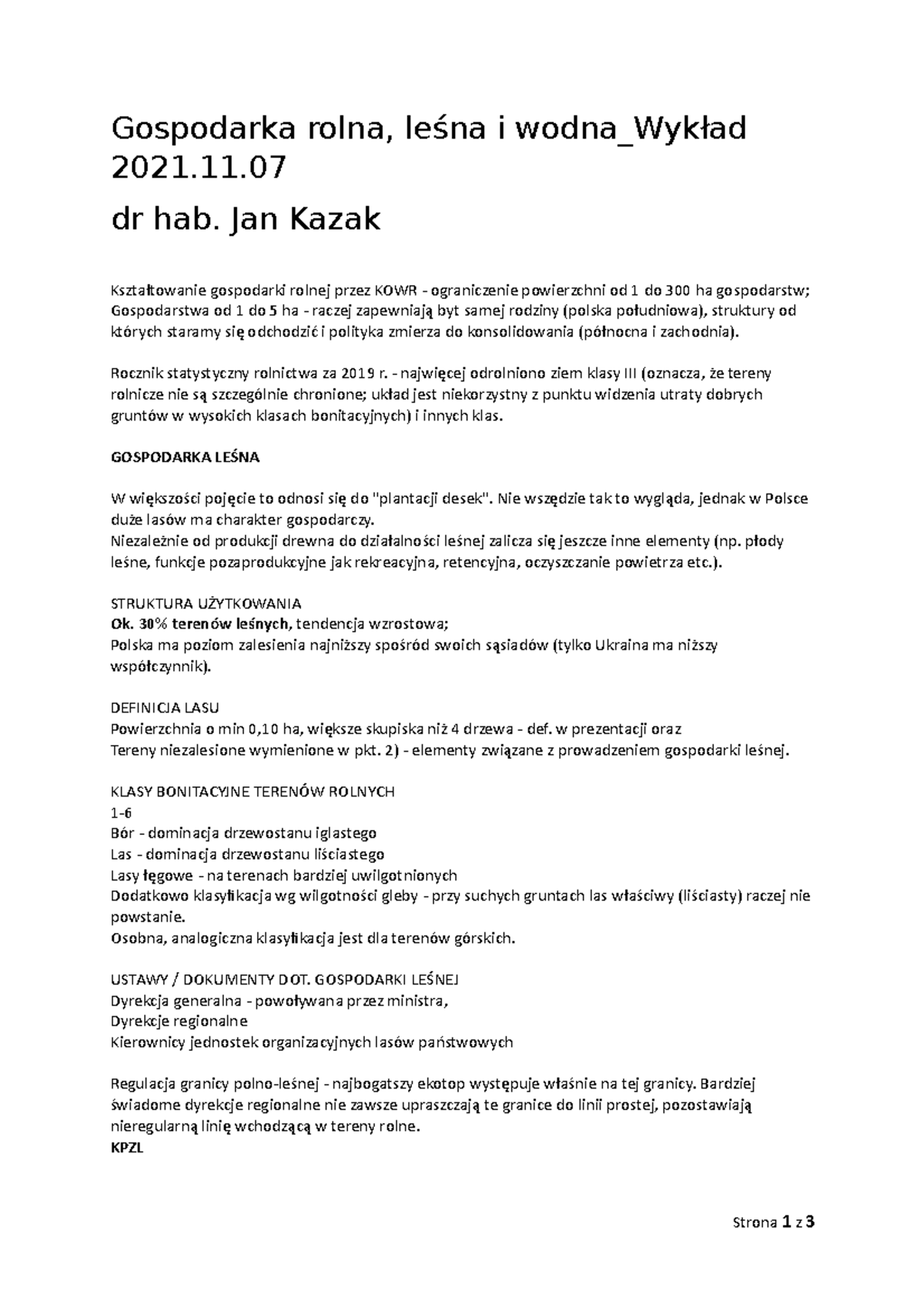 Gospodarka rolna, leśna i wodna Wykład 2021 - dr hab. Jan Kazak