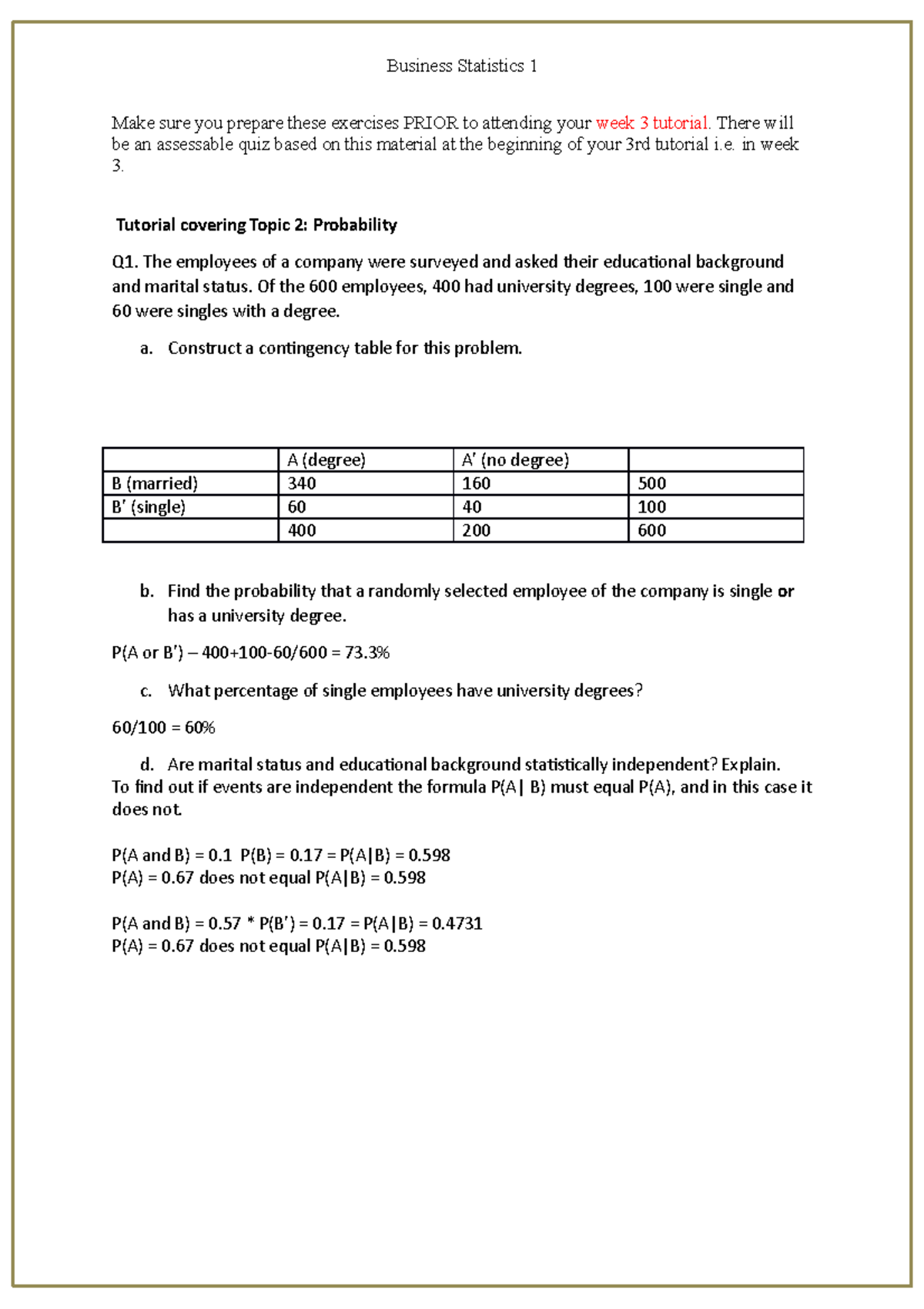 Tutorial Week 3 Covering Lecture Topic 2-1 - Business Statistics 1 Make ...