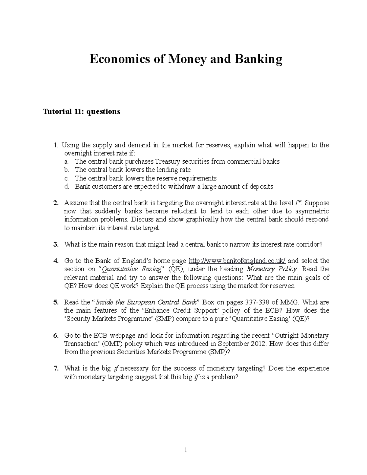 Questions++Tutorial+11 Economics of Money and Banking Tutorial 11