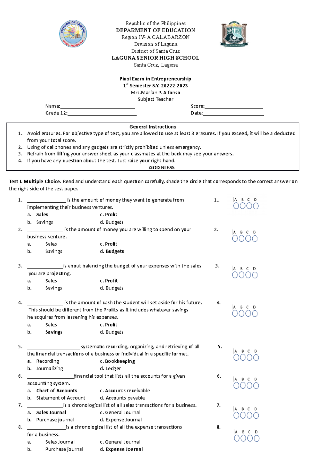 EntrepPeriodical Testing Republic of the Philippines DEPARMENT OF