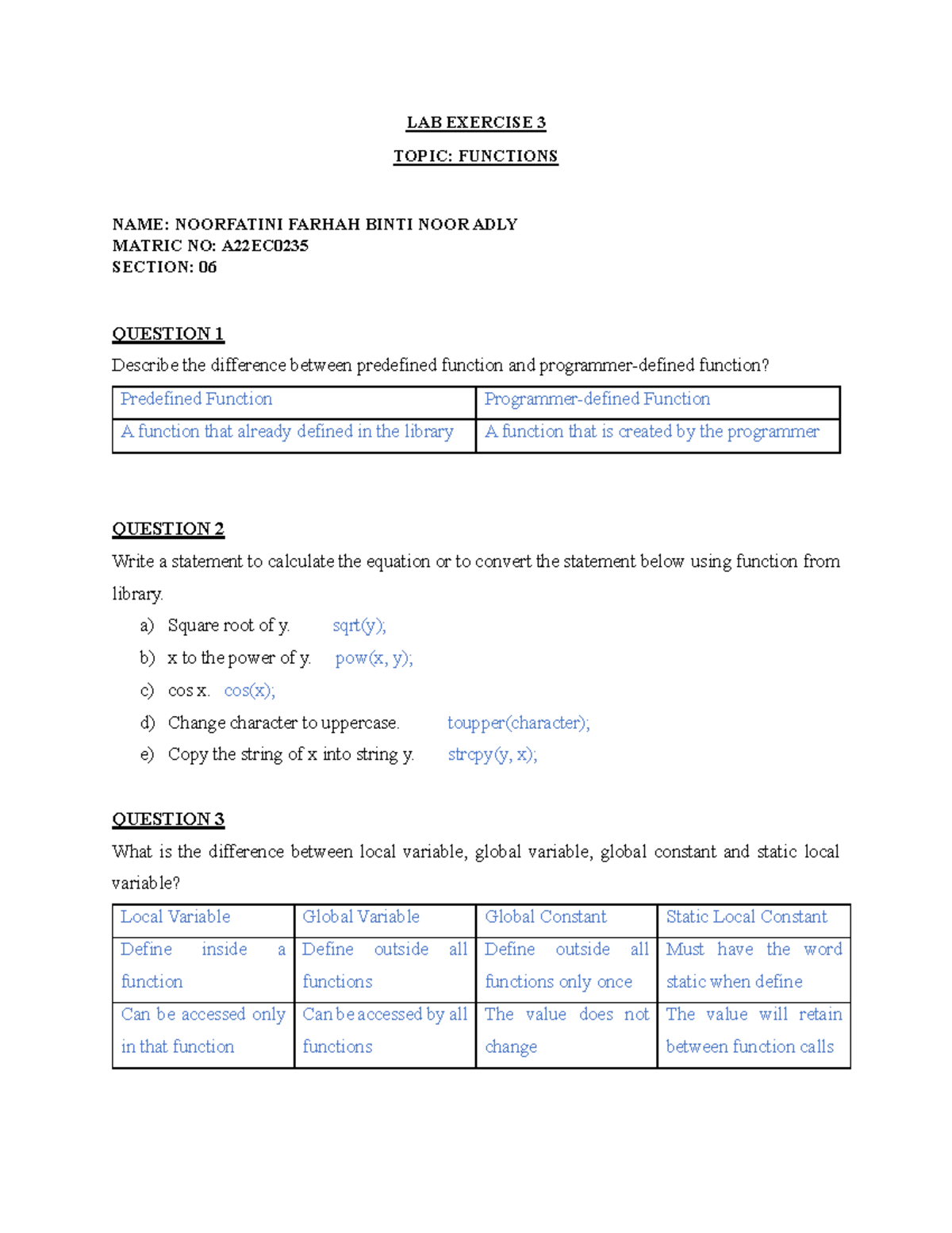 LAB Exercise 3 - LAB EXERCISE 3 TOPIC: FUNCTIONS NAME: NOORFATINI ...