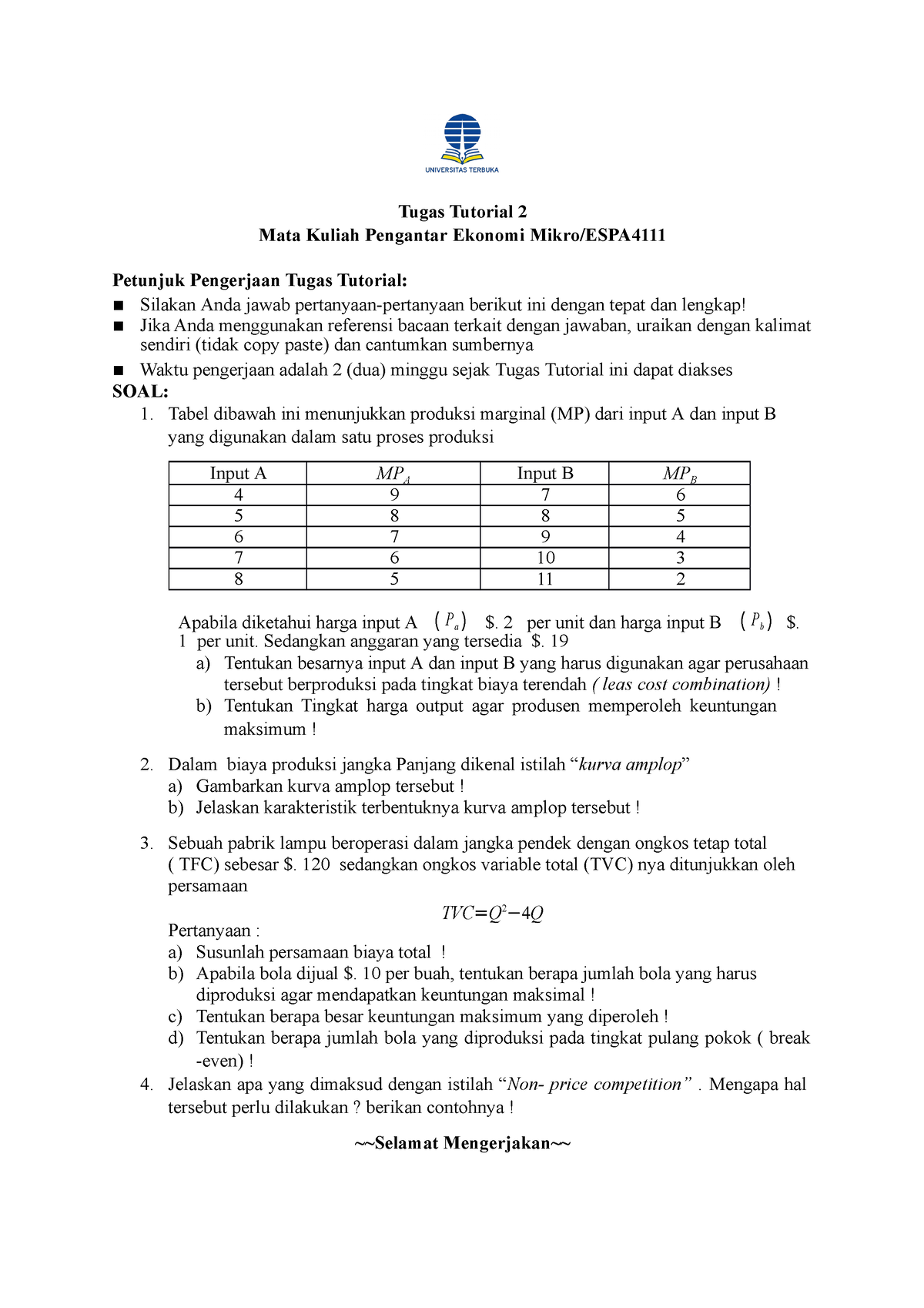 Tuton 2 Pengantar Ekonomi Mikro 2023 - Tugas Tutorial 2 Mata Kuliah ...