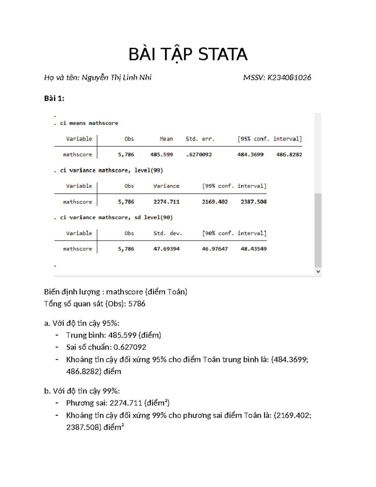 BÀI TẬP Stata tuần 12 - Thống kê ứng dụng - BÀI TẬP STATA Họ và tên ...