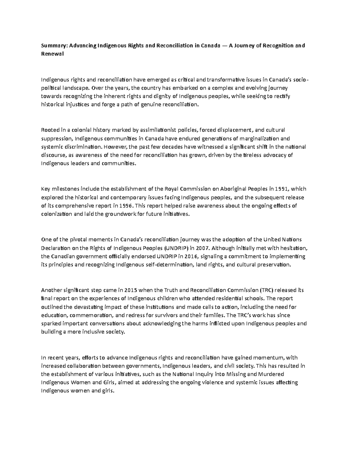 Summary: Advancing Indigenous Rights and Reconciliation in Canada — A ...