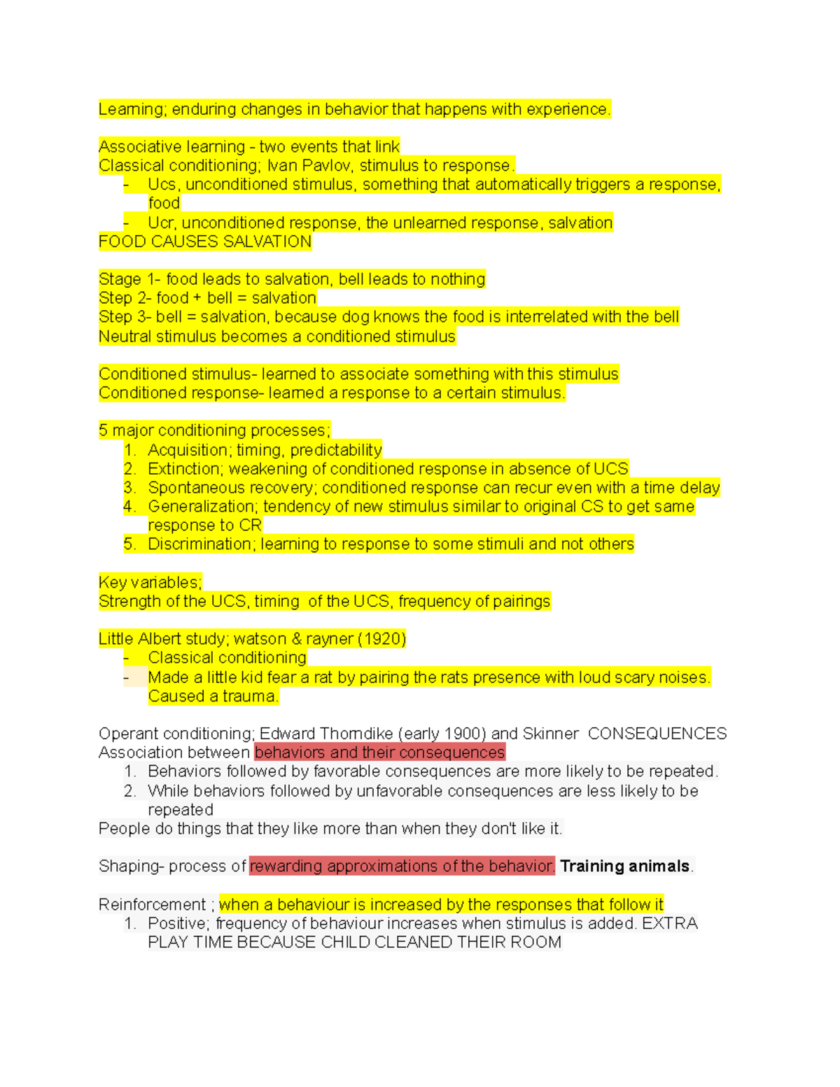 Psych Notes - Learning; enduring changes in behavior that happens with ...