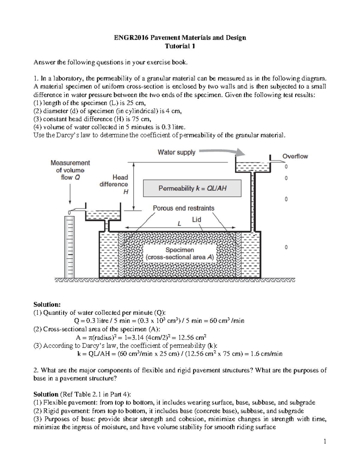 Tutorial 1 Answers pavement 1 ENGR2016 Pavement Materials and
