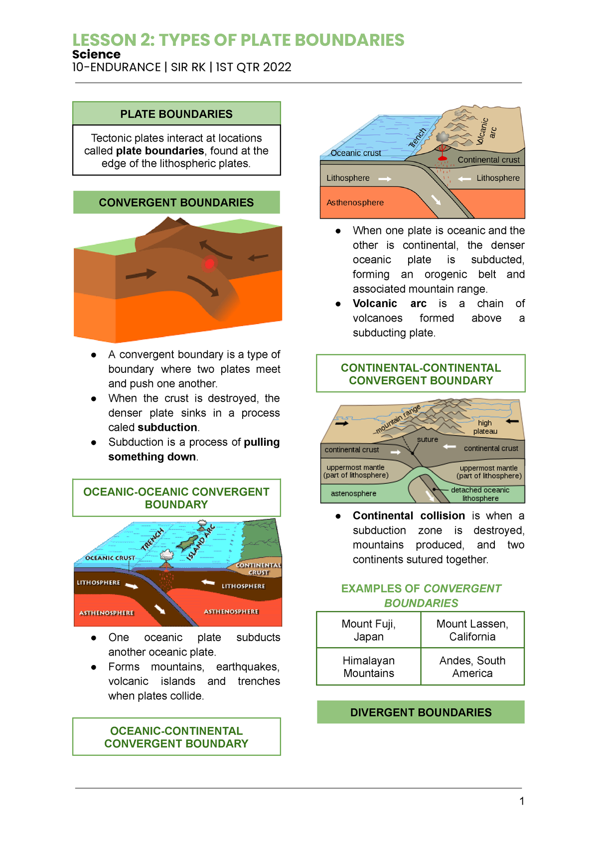 Science -Q1L2- Notes - LESSON 2: TYPES OF PLATE BOUNDARIES Science 10 ...