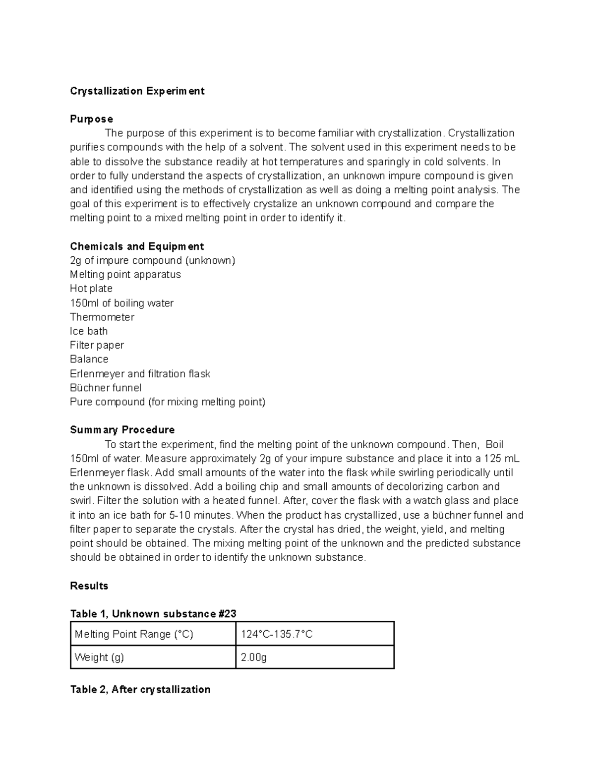 Crystallization Experiment Purification and Identification of Unknown