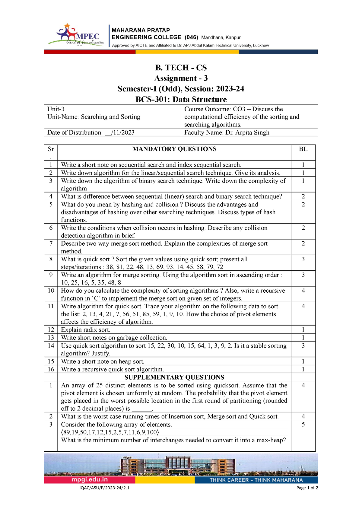 Unit 2 (Stack and Queues) - B. TECH - CS Assignment - 3 Semester-I (Odd ...