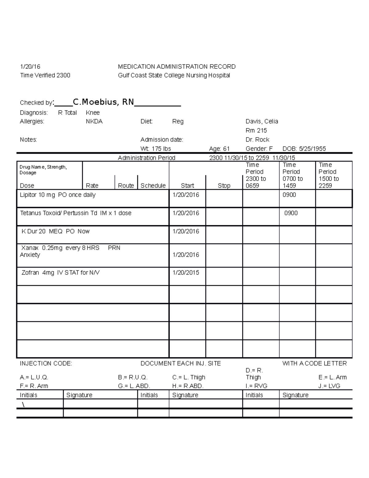 Sample MAR nurs - 1/20/16 MEDICATION ADMINISTRATION RECORD Time Verified 2300 Gulf Coast State ...