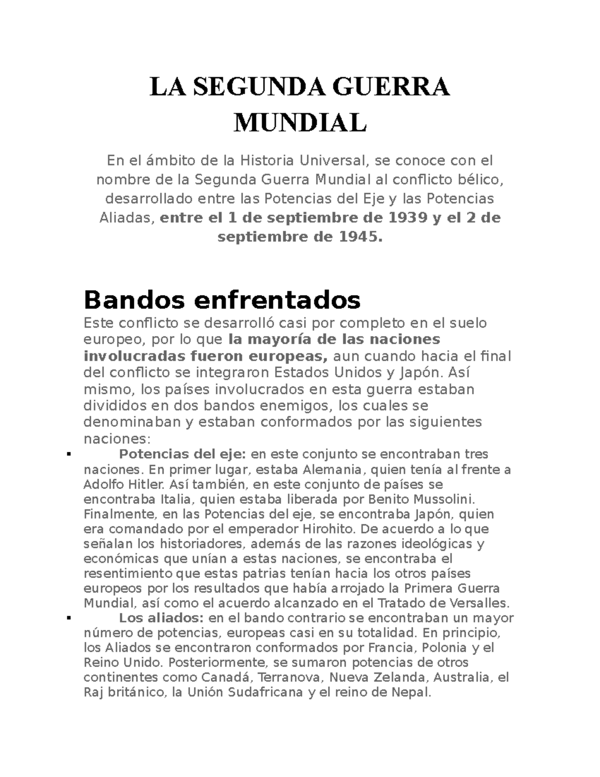 La Segunda Guerra Mundial Bandos Enfrentados Este Conlicto Se