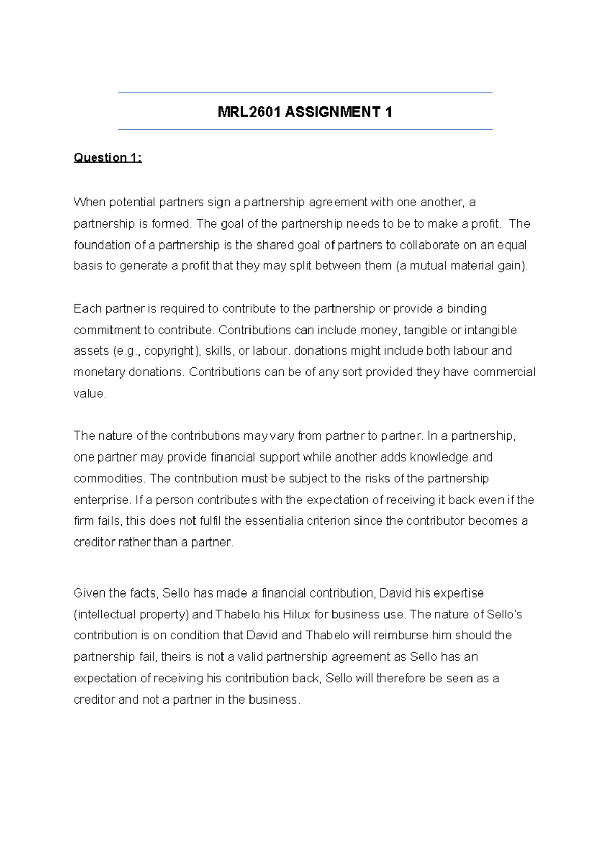 MRL2601 Assignment 1 - MRL2601 ASSIGNMENT 1 Question 1: When potential ...