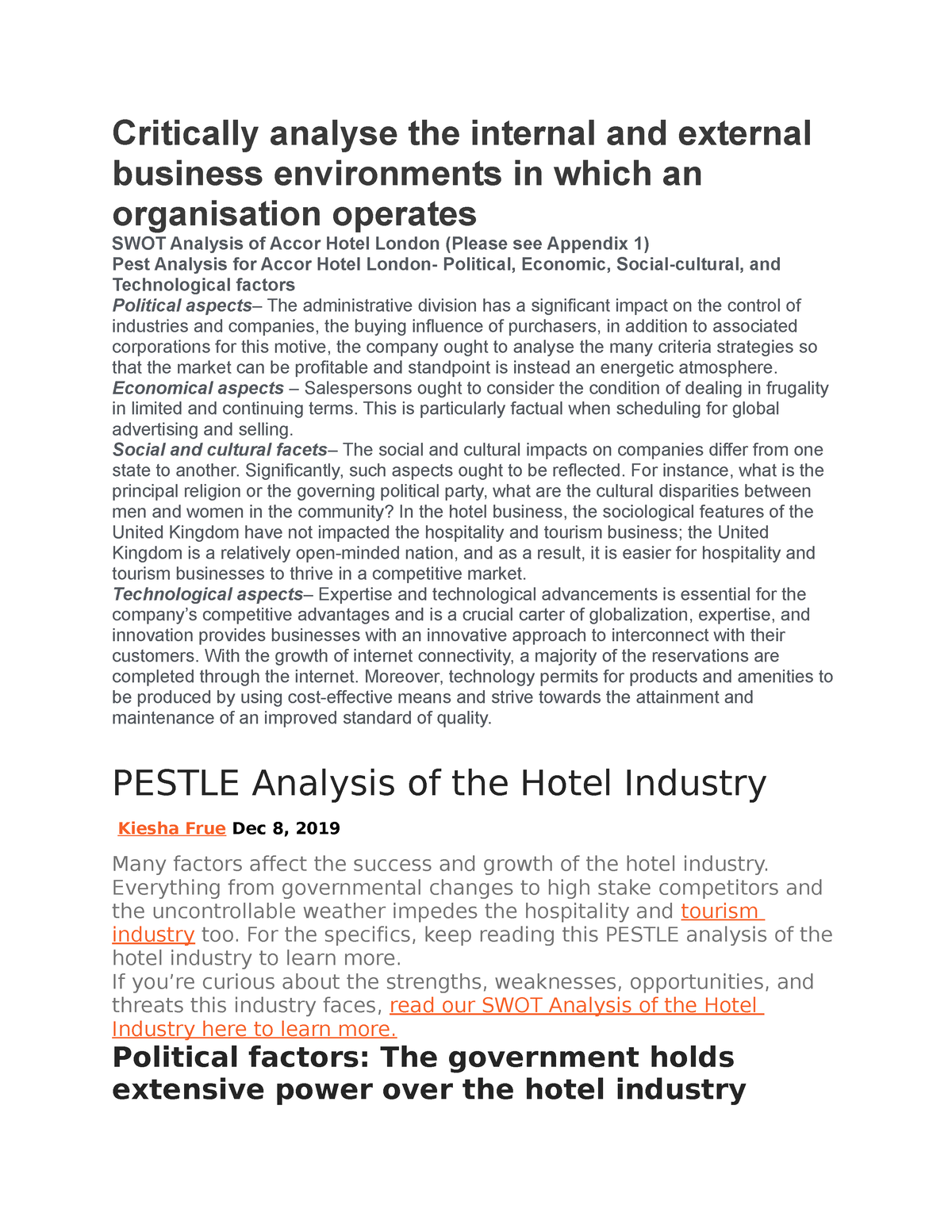 Pestel Hotel Critically Analyse The Internal And External Business Environments In Which An