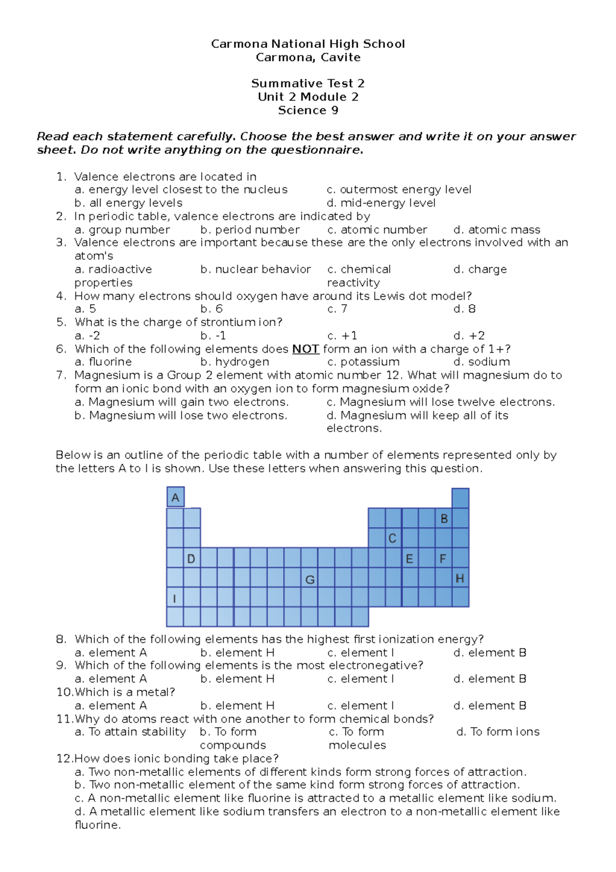 ST-U2-M2 - test questions - Carmona National High School Carmona ...