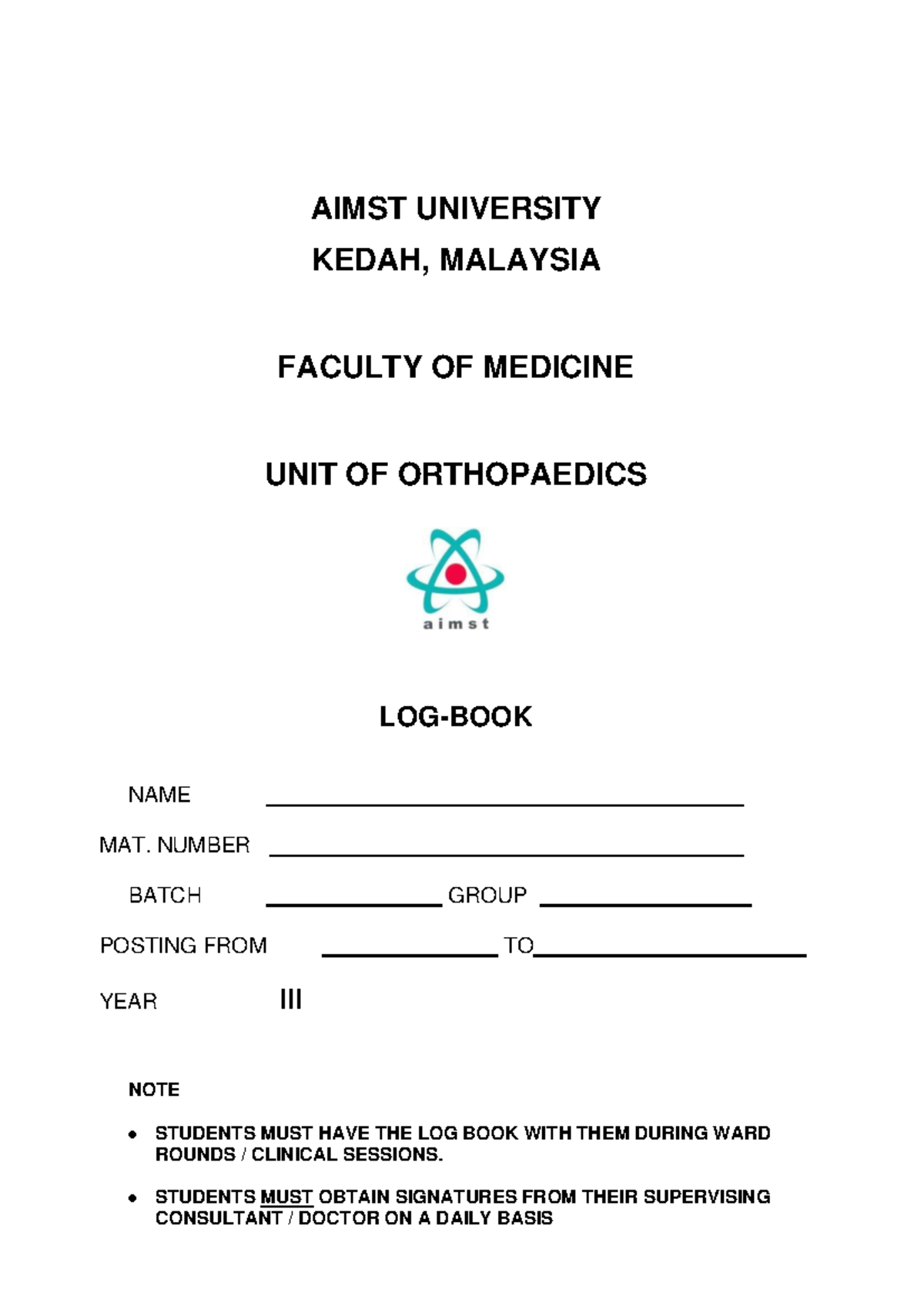 Logbook Orthopedic - A G E 1 0 AIMST UNIVERSITY KEDAH, MALAYSIA FACULTY ...