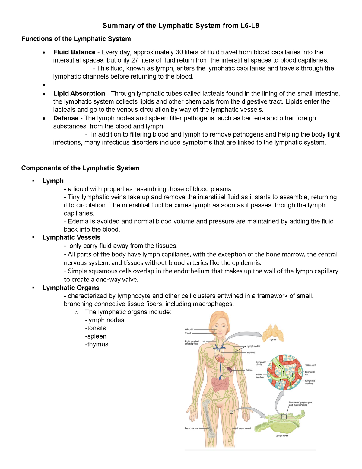 Summary of the Lymphatic System from L6 - Summary of the Lymphatic ...