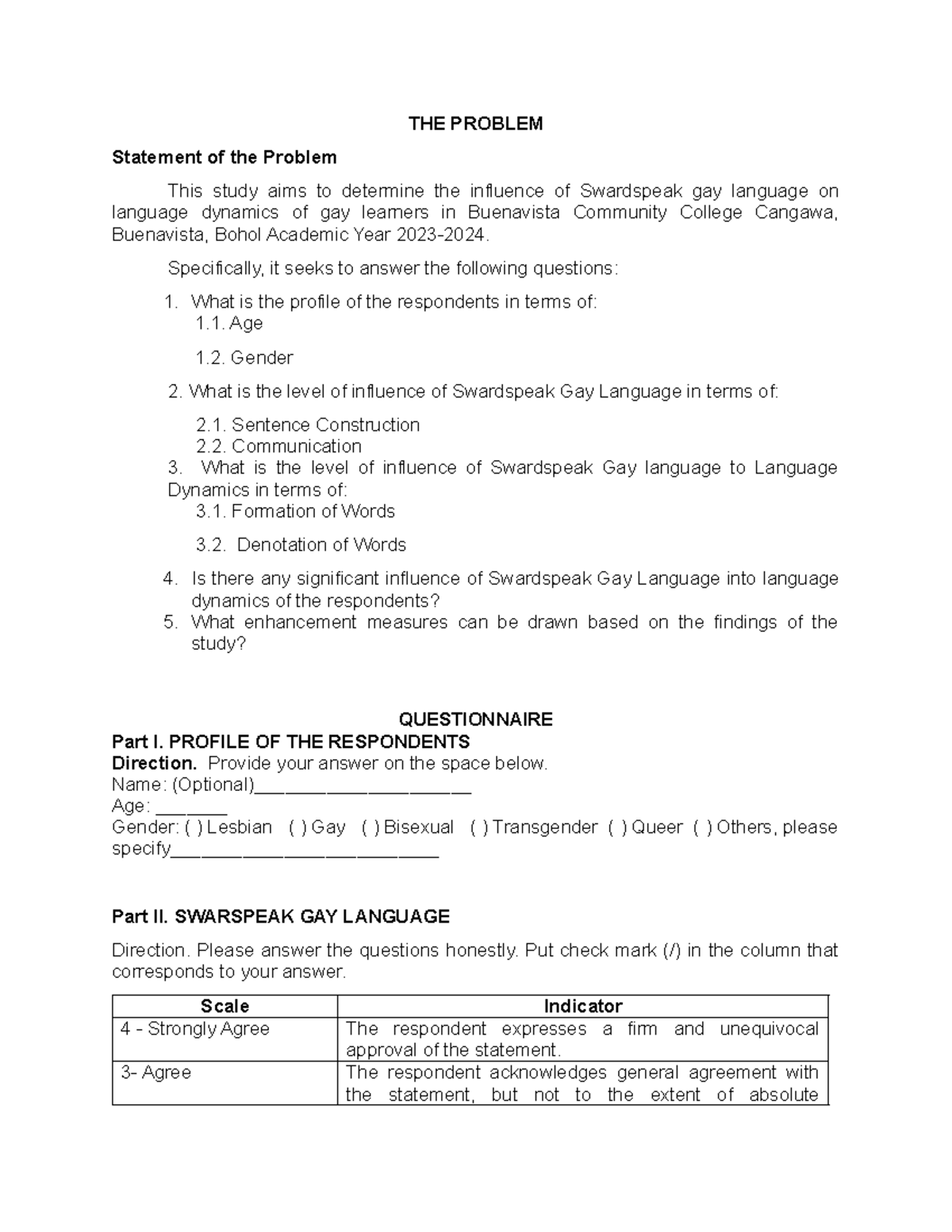 Questionnaire new - study abut swardspeak - THE PROBLEM Statement of ...