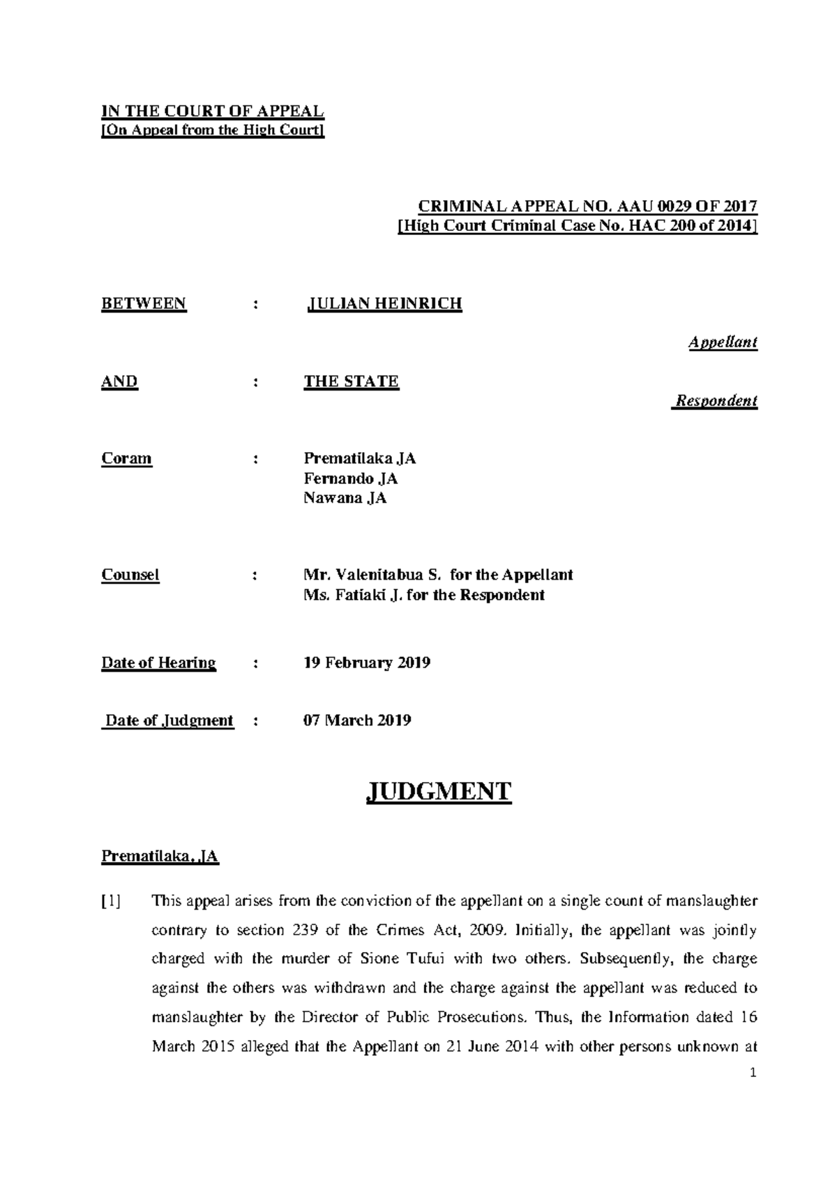 Julian Henrich - case brief - IN THE COURT OF APPEAL [On Appeal from ...